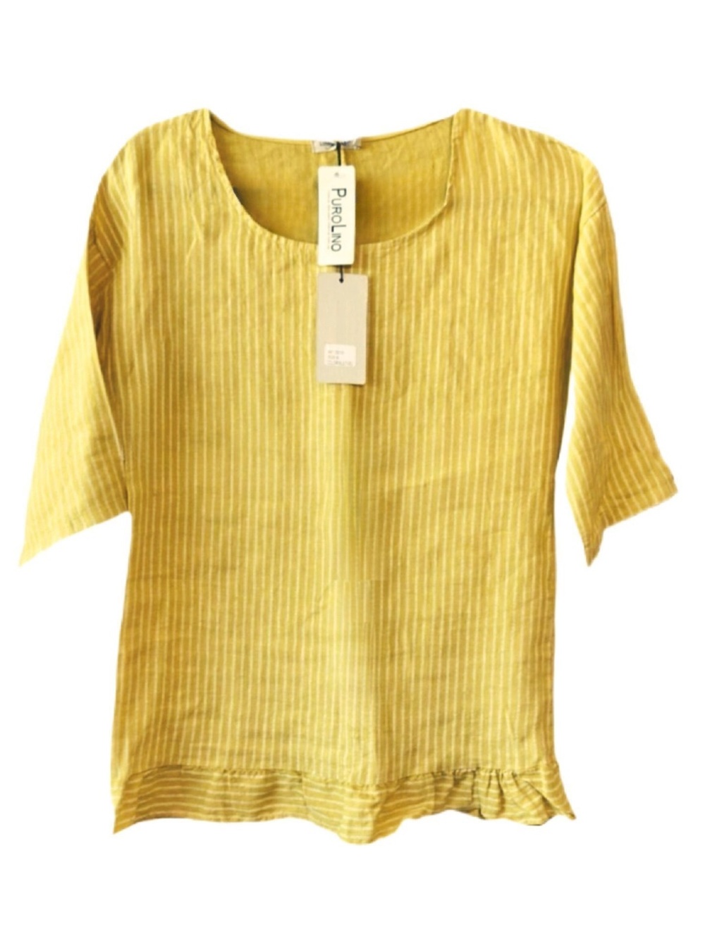 NWT Lungo L'Arno Italian Linen Yellow White Stripe Top w Ruffle Hem 3/4 Sleeve S